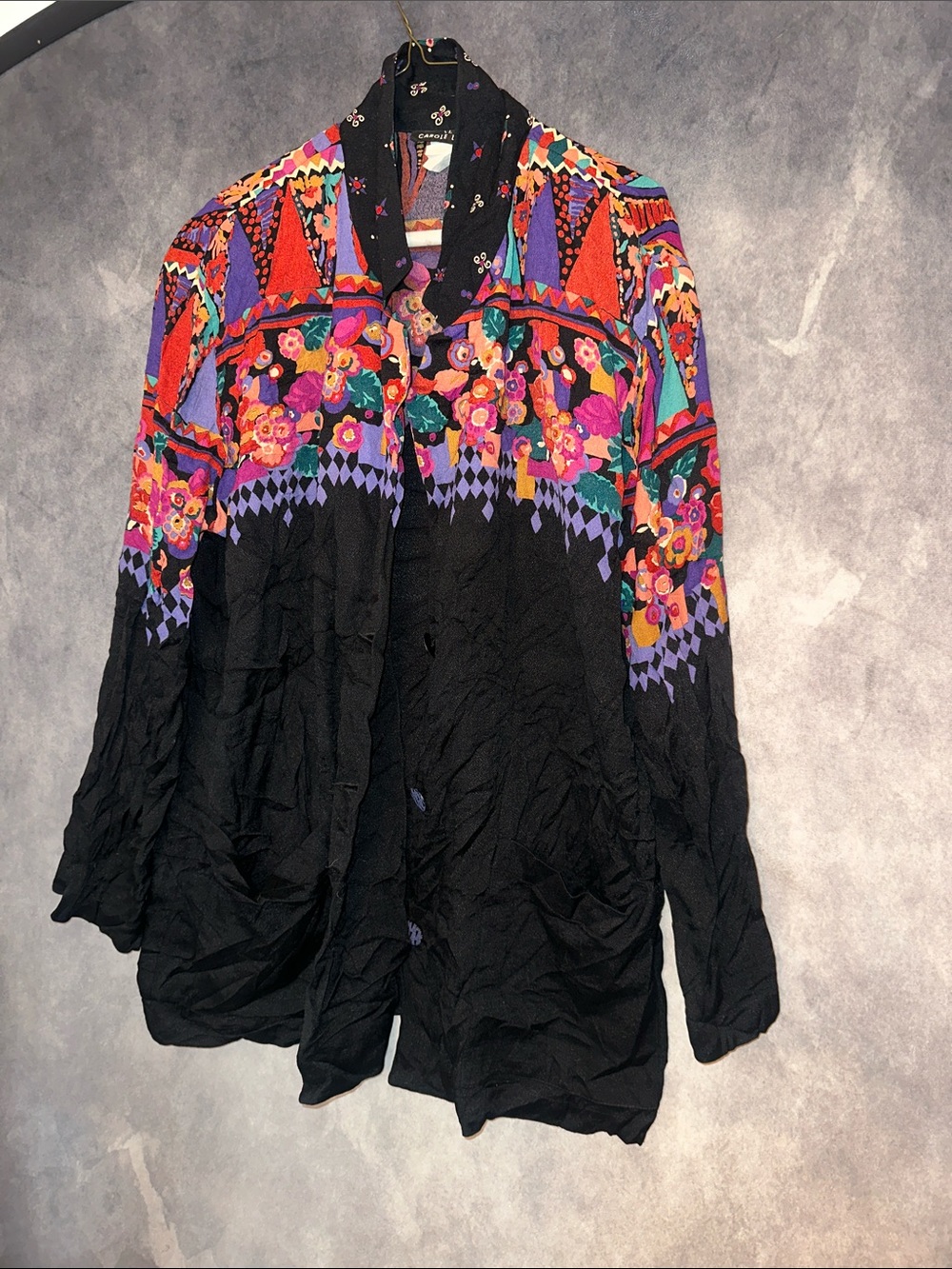 Vintage Carole Little Black Button-Down Top with Vibrant Floral Print